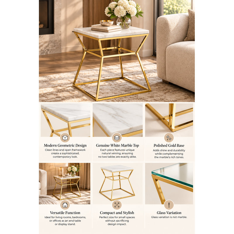     Geo Pedestal End Table - Gold Marble Side Table – Modern Luxury Stone Accent Table - White Marble Side Table