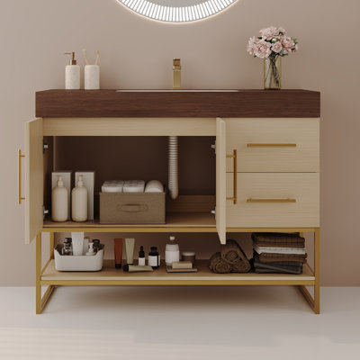 Meuble-lavabo autoportant moderne 36 po avec lavabo intégré | Armoire de salle de bain avec quincaillerie dorée, comptoir blanc et tiroirs