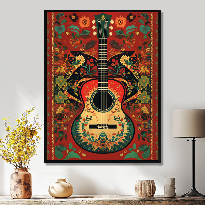 «Mariachi» Guitare de couleur populaire I - Toile tendue avec galerie Fiesta, 32" H x 24" W, Cadre flottant noir