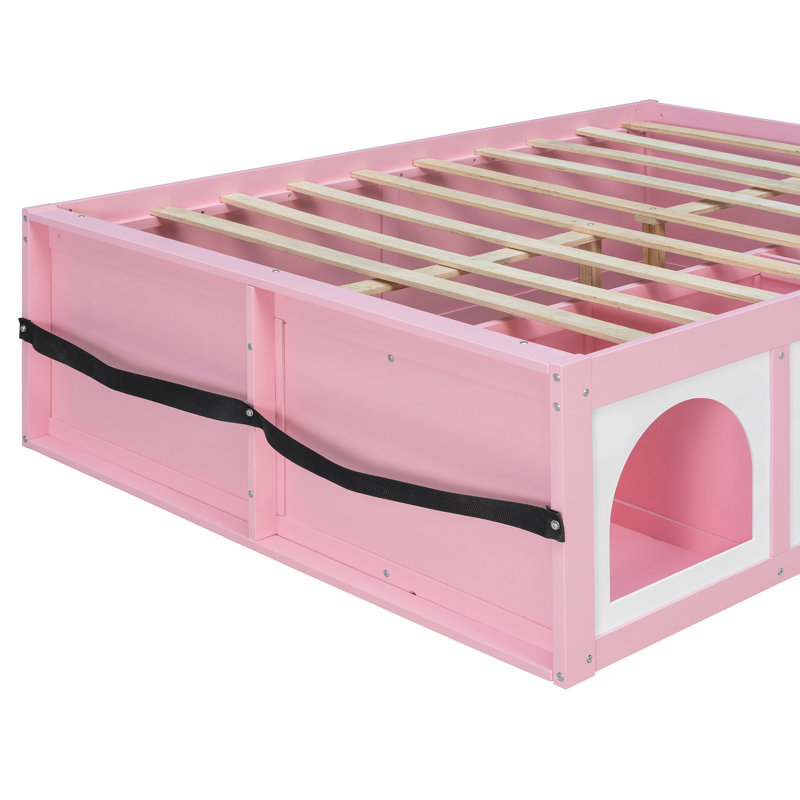 Lit plateforme double en bois avec rangement, design moderne rose et blanc