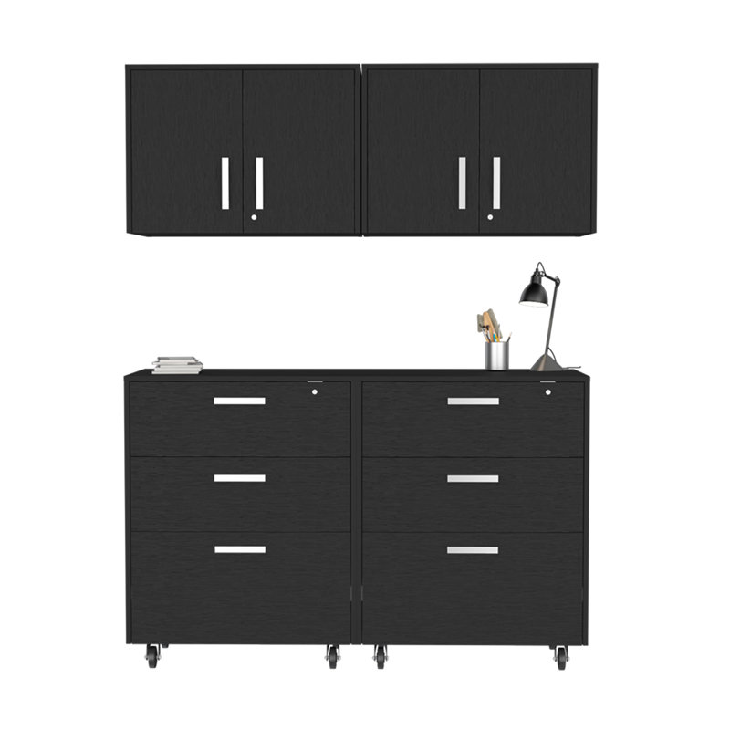2 Piece Black Garage , Ample Storage With 3 Drawers & Wall Installation Option In Black, Spacious Easy Mobility