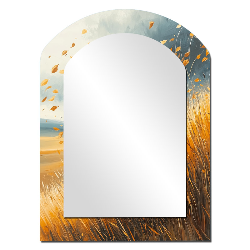 Feuilles dans un champ de blé venteux - miroir mural asymétrique à feuilles, 34 po x 25 po