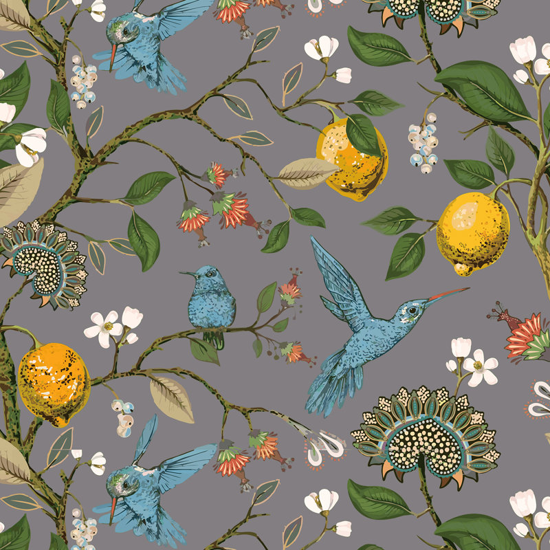 Fancy Hummingbird Patterned  Room Darkening Curtain,Rod Pocket Back Tab Floral Drapes,Set of 2, 52" W x 84" L, Gray