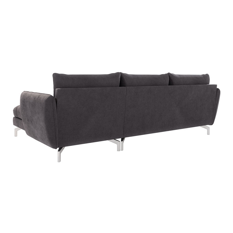 Modern Corner Chaise Sofa Kimo with Silver Metal Legs, Graphite, Right Hand Facing