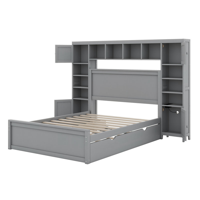 Lit en bois avec armoire tout-en-un, tablette et prises, lit gigogne, gris