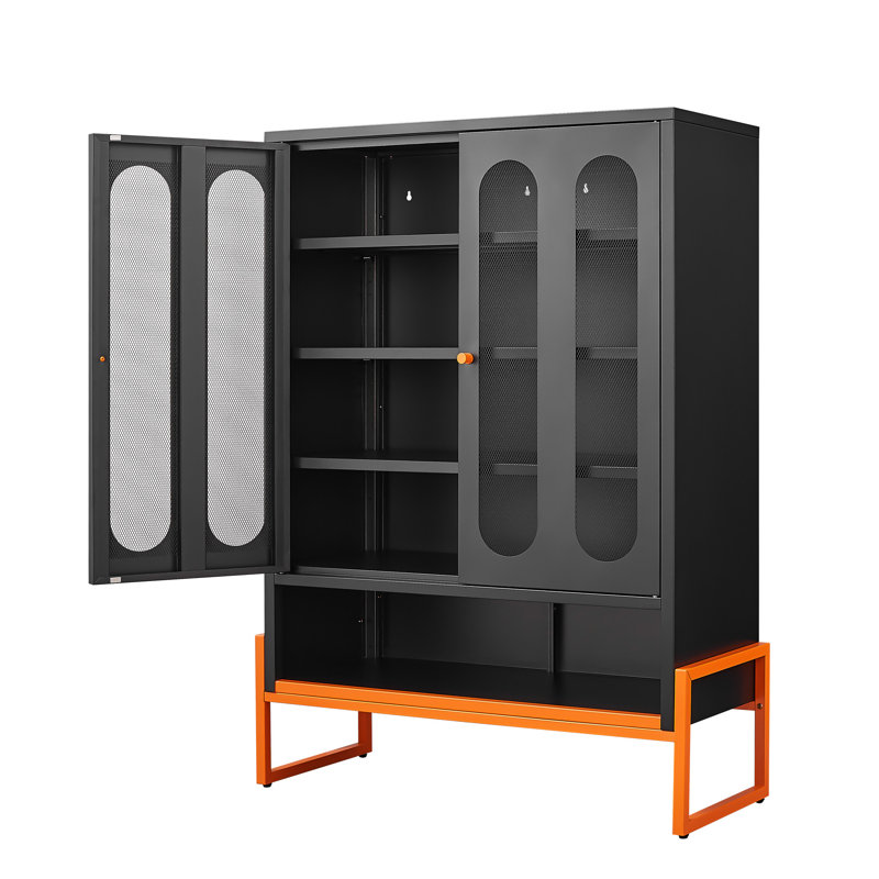 Armoire à chaussures à double face en maille avec pied de 5,9 po de hauteur, cloisons réglables pour les besoins de rangement sur mesure, robot de balayage à base creuse, métal noir thermolaqué, autoportante moderne