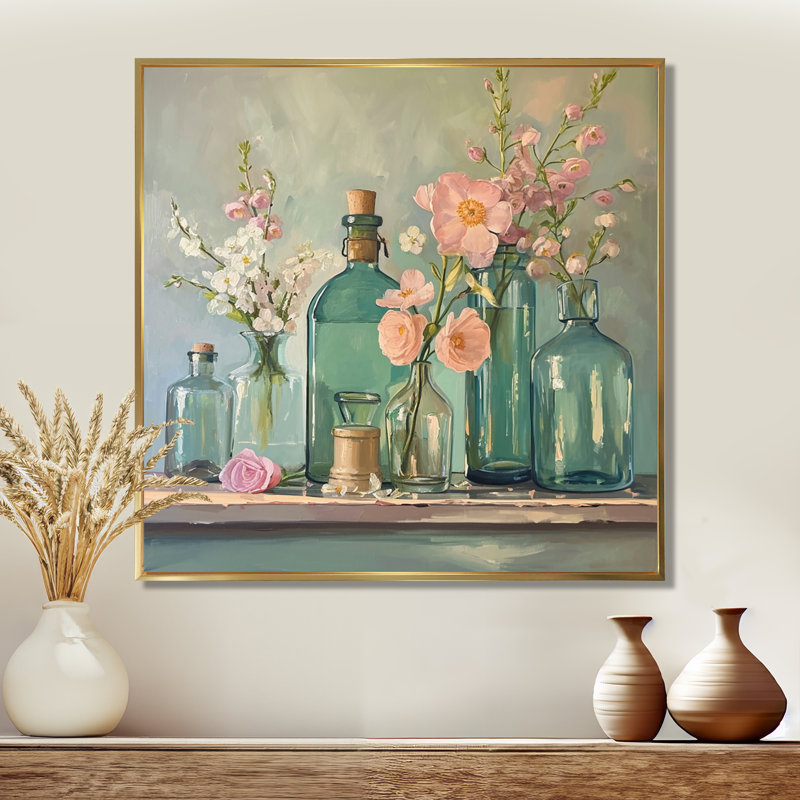 Nature morte anémones roses en verre - Bouquets assortis, décoration murale, Toile avec cadre flottant or