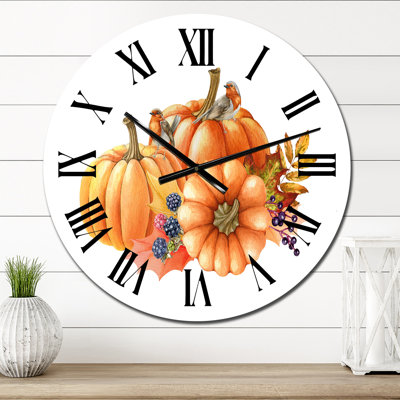 Citrouille et oiseaux sur fond blanc - Horloge murale décontractée