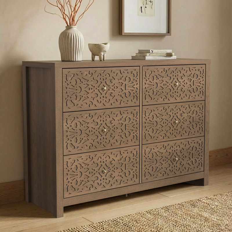 Zahara Bohemian 45.4"W 6 Drawer Dresser, Dark Brown Oak