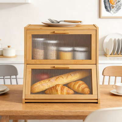 Double Layer Bamboo Bread Box With Acrylic Wavy Door, Large Capacity Kitchen Counter Storage Container For Bread And Baked Goods