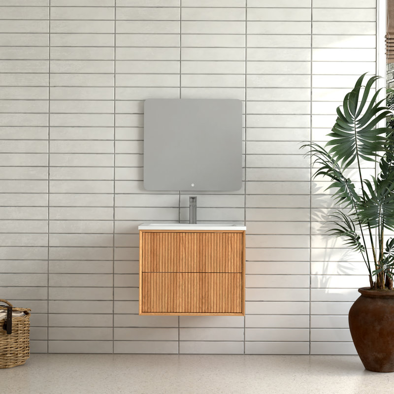 24'' Floating Bathroom Vanity Set, Wall Mounted Solid Wood Bathroom Cabinet with 2 Storage Drawers,White Resin Integrated Basin