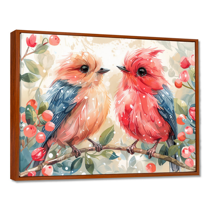 Inséparables roses et bleus sur une branche, Cadre flottant brun, H 16 po x l 32 po