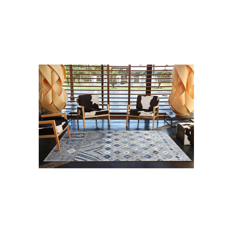 Tapis bleu tissé à motif géométrique lavable à la machine, Sous-tapis carré 3 pi 3 po inclus
