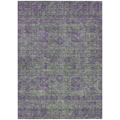9' X 12' Fern Green And Purple Oriental Washable Indoor Outdoor Area Rug