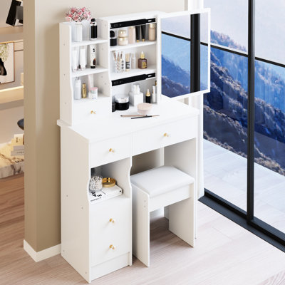 50.4" High White Desktop Vanity Table With Multi - Layer Storage, Left Drawer, Right Sliding Mirror, And Cushioned Stool, For Small Bedrooms American Style 29.2" Dressing Capacity Ideal Little In