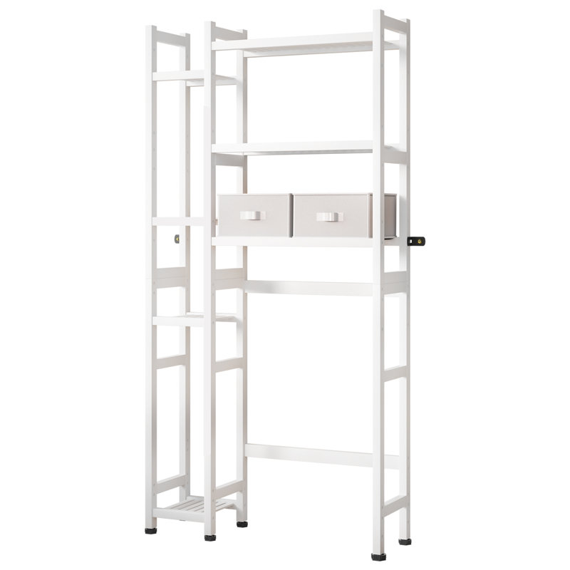 Over The Toilet Storage With Basket And Drawer, Bamboo Bathroom Organizer With Adjustable Shelf & Waterproof Feet Pad, White