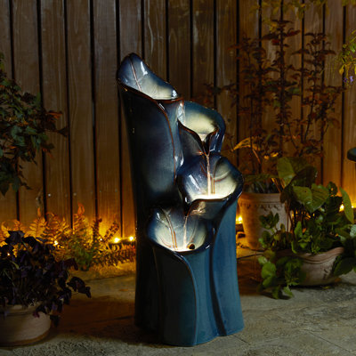31.25"H 4-Tiered Lotus Leaf Textured Ceramic Pots Outdoor Floor Fountain With Pump And LED Light (KD)