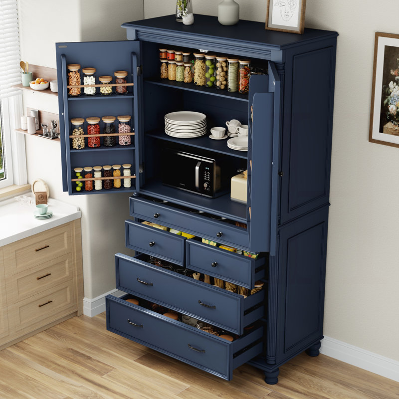 Grand garde-manger autoportant - armoire de rangement haute de 43,3 po x 20 po x 77,3 po avec 6 portes, 2 tablettes réglables et 5 tiroirs, bleu