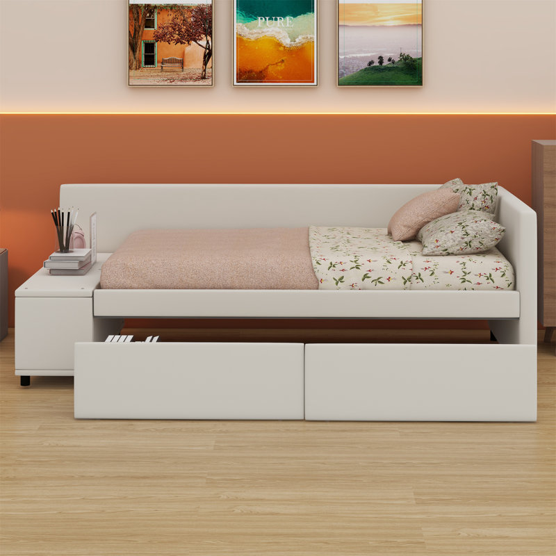 Lit plateforme tapissier en L avec rangement et tiroirs, Beige