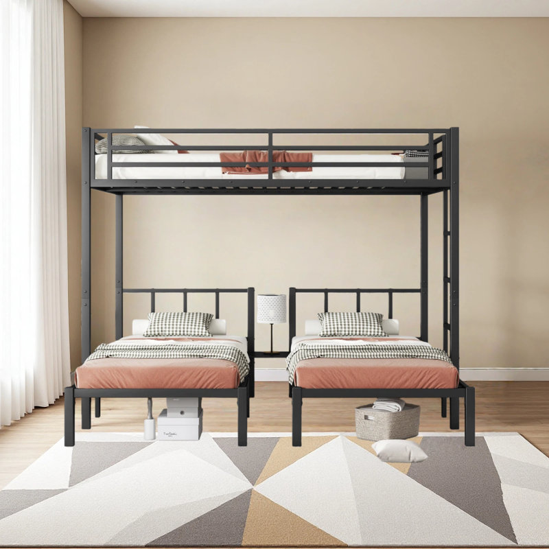 Twin Over Twin & Queen Bunk Bed, Metal Triple Bunk Bed With Safety Guardrails,Space-Saving/Noise Reduced, Black