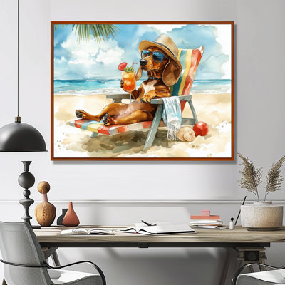 Brown Dachshund Dog On The Beach Lounging I - Coastal Animal Wall Art Print