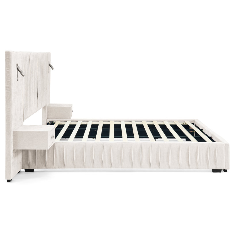 Très grand lit tapissier en chenille plissée et à angle - lumières réglables, tête de lit plateforme, table de chevet, lampes, beige
