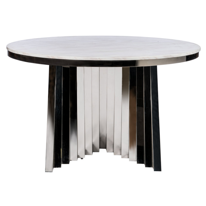 Harvin Round Marble Dining Table with Sculptural Unique Base – Modern Waterfall Design for Contemporary Dining Spaces, Silver