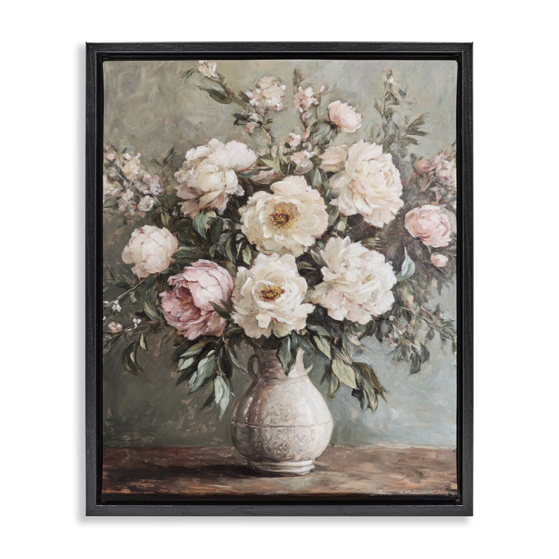 Art mural sur toile flottant avec pivoines roses, H 31 po x l 25 po, Cadre flottant noir de jais