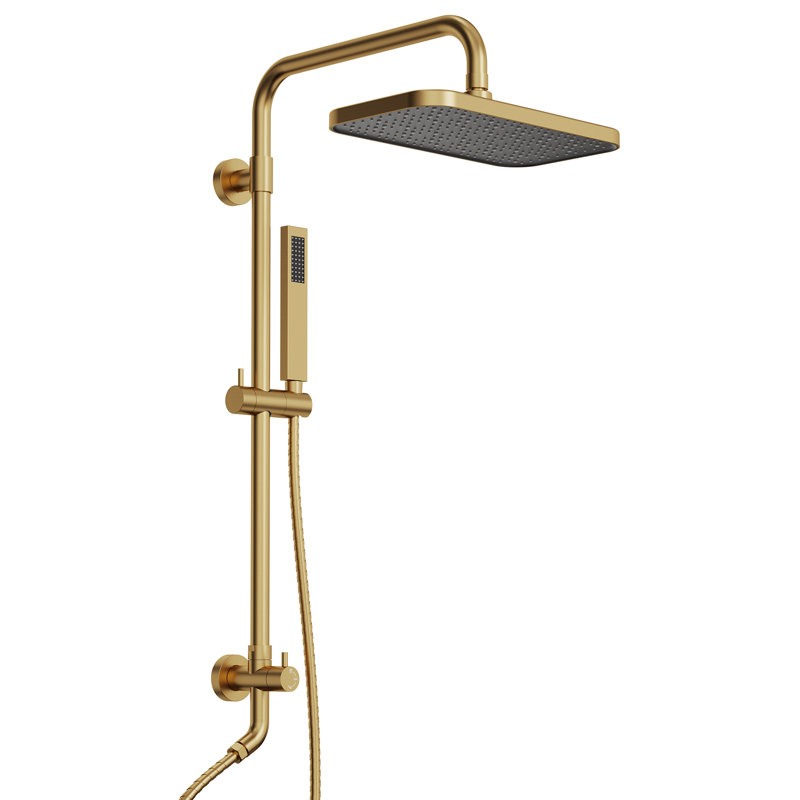 Wall Mount Rainfall Shower System, Dual‑Function Shower Head with Slide Bar, Handheld Shower, Brushed Gold
