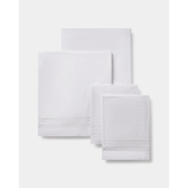 Dorset White Crochet Cotton Sheet Set, Queen Sheet Set with 2 Pillowcases