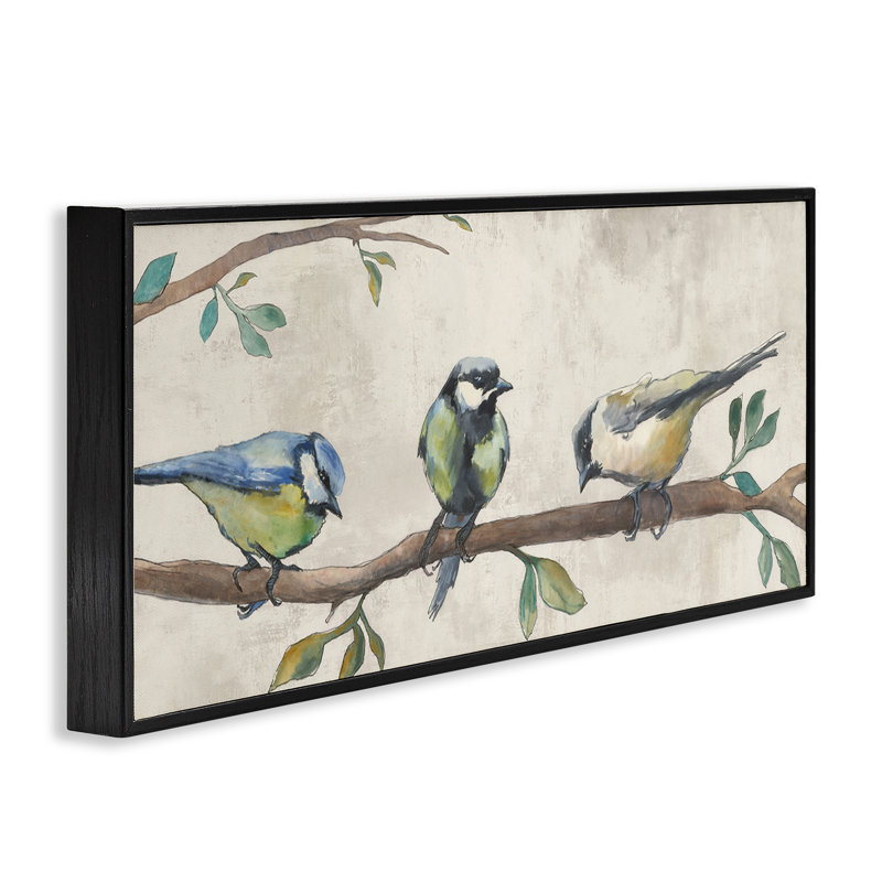 Oiseaux chanteurs perchés sur une branche, estampe numérique par Jacob Q, H 13 po x l 30 po, Giclée encadrée noir minuit