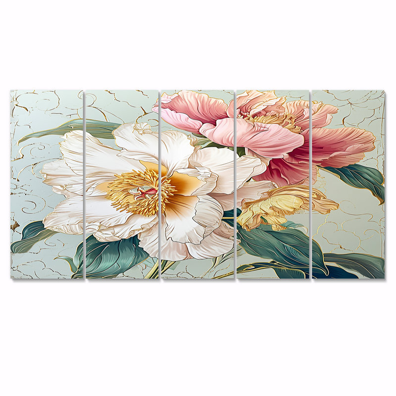 Kandiyohi - pivoine, art mural 5 pièces, H 32 po x l 80 po
