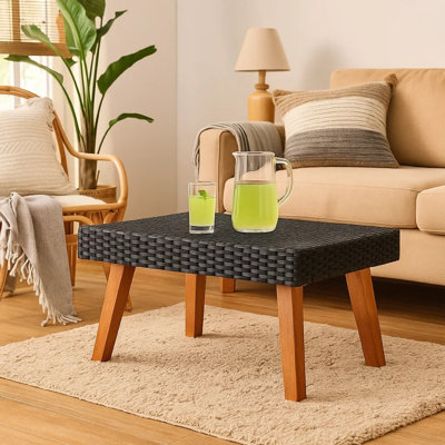 Table basse d'extérieur Keina, faux rotin noir, bois brun, carré 28 po