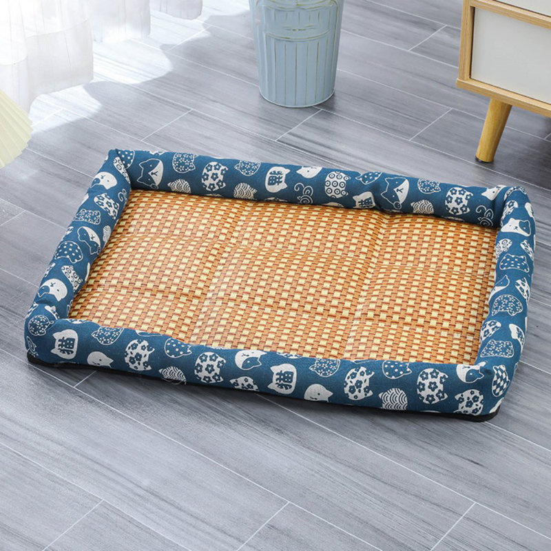 Tapis de glace pour animaux de compagnie, lit de refroidissement pour chiens, tapis de glace pour animaux de compagnie, lit de refroidissement en rotin pour chiens, tapis de couchage lavable pour animaux de compagnie, bleu
