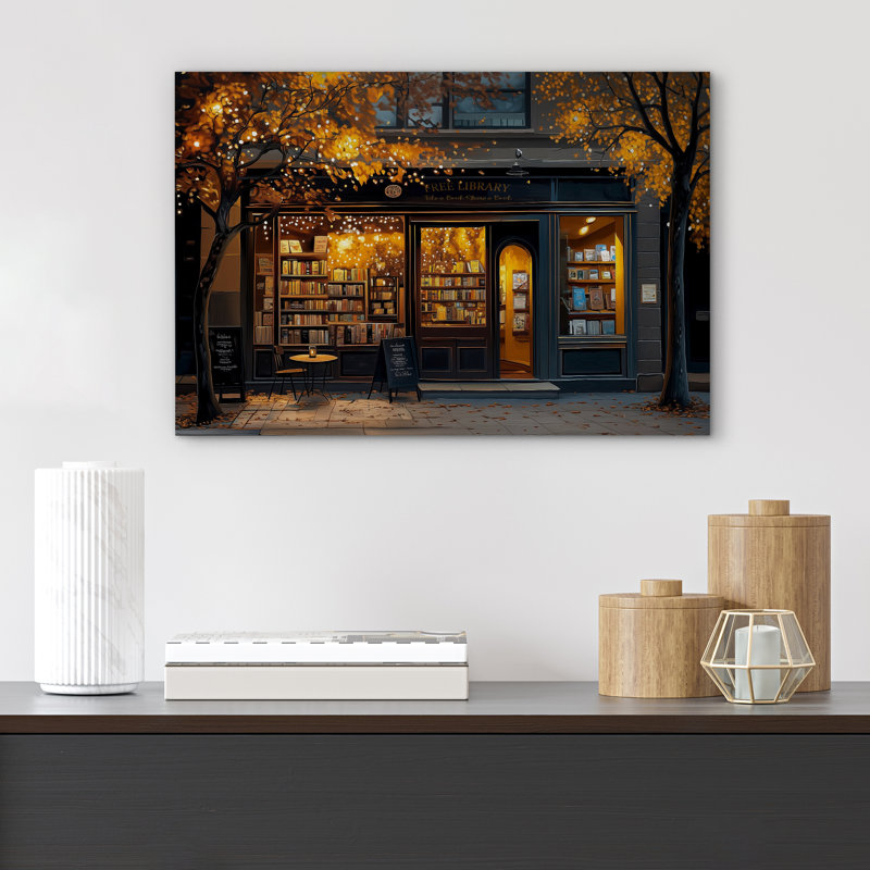 Whimsical Autumn Street Free Library with Fairy Lights Art Print Pictures Canvas Print Wall Art, 24" H x 36" W