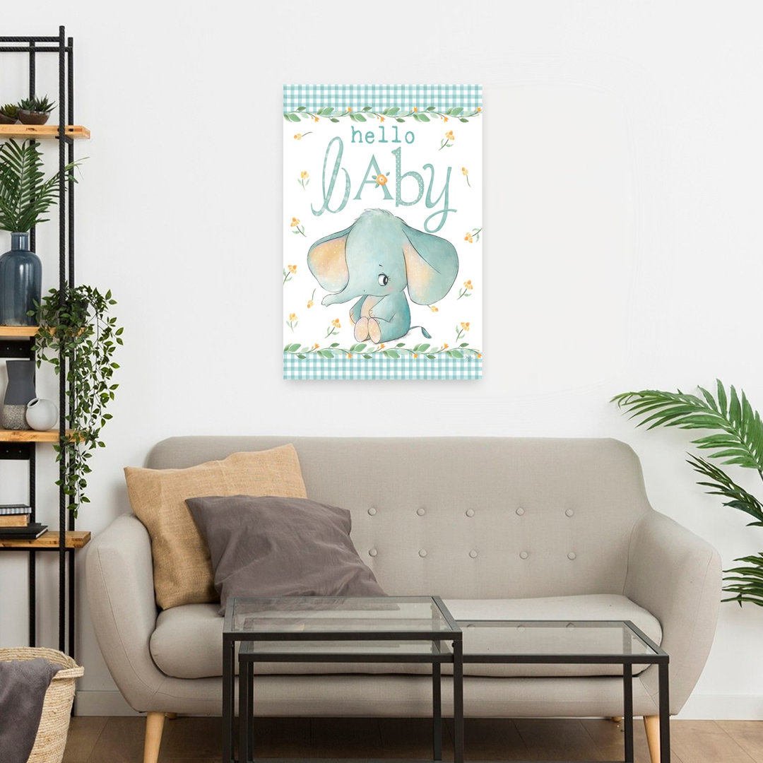Hello Baby Elephant Blue Whimsical Contemporary Elephant Wall Art Print