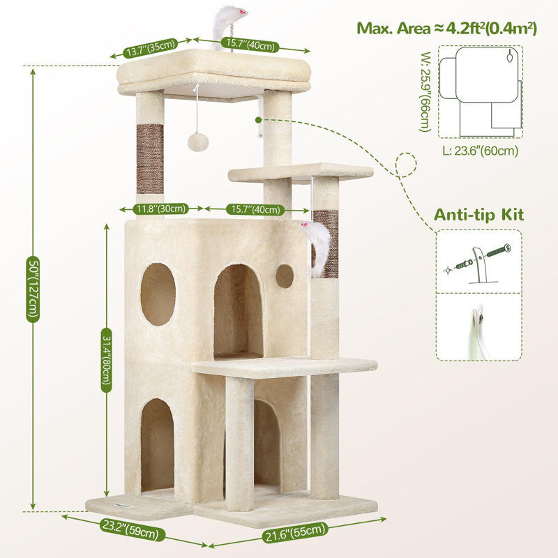 Tour à chat pour chats d'intérieur, maisonnette pour chat adulte de 50 pouces avec marches, Beige