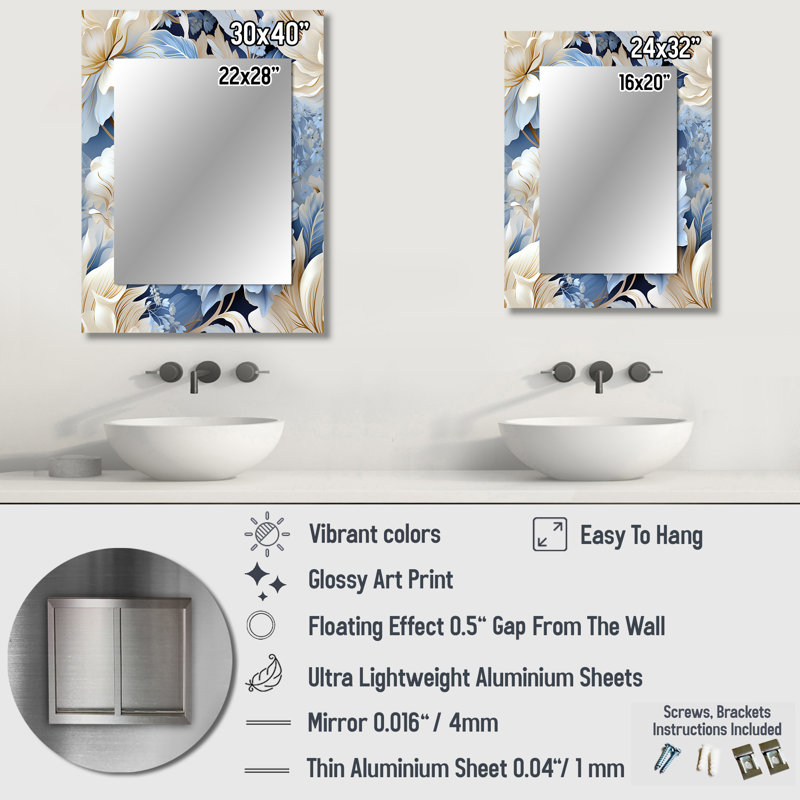 Motif victorien éthéré rococo Flourish - miroir mural floral, 32 po x 24 po