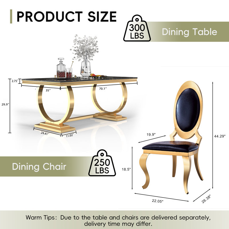 7-Piece Dining Set with Faux Marble Tabletop and Stainless Steel Chairs – Modern Dining Table Set for 6, Black/Gold/Black