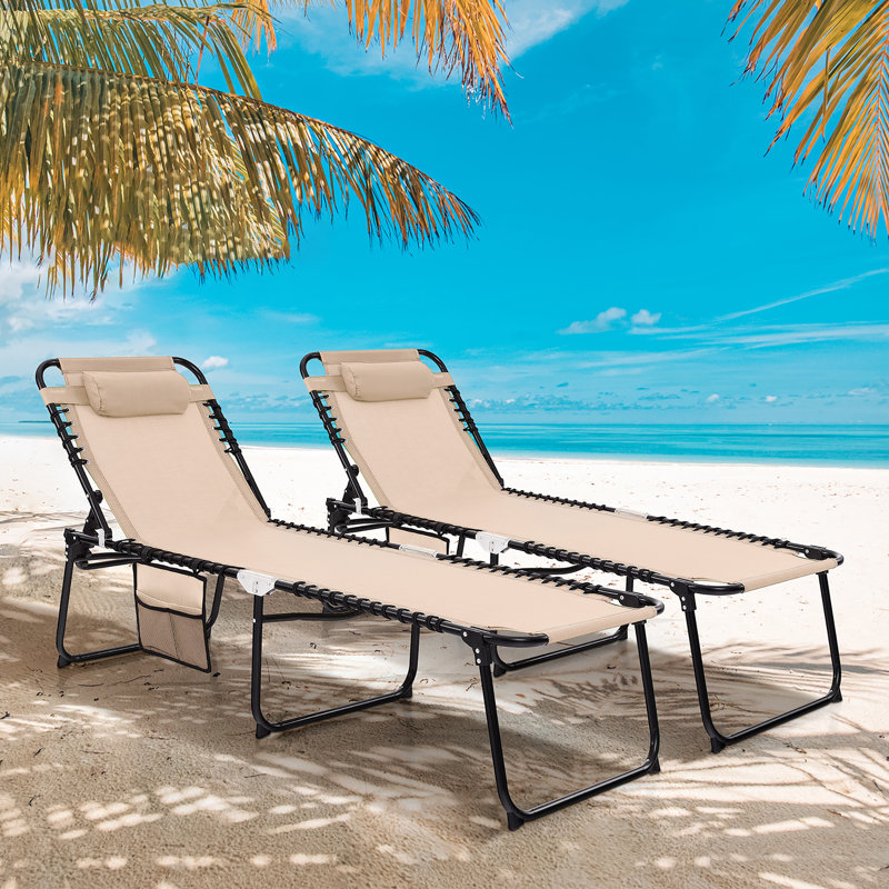 Patio Folding Chaise Lounge Portable Lay Flat Reclining Chair w/ 4-Level Backrest Side Pocket, 2, Beige