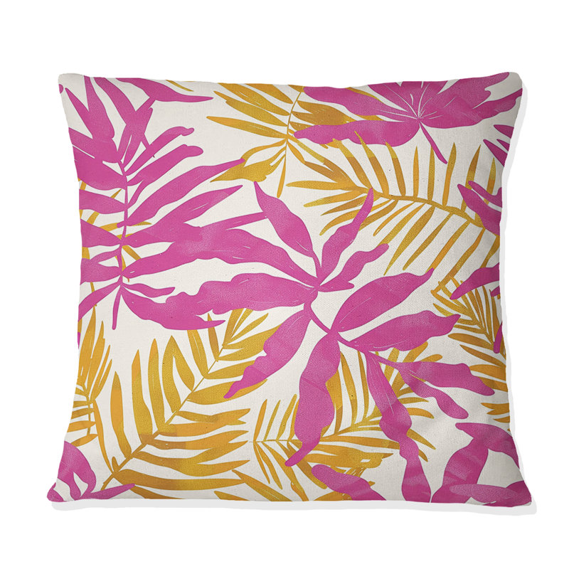Coussin décoratif à motif de feuilles tropicales roses et jaunes II, H 16 po x l 16 po