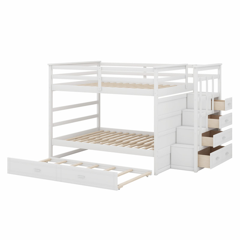 Lit superposé avec lit gigogne et escalier, Blanc