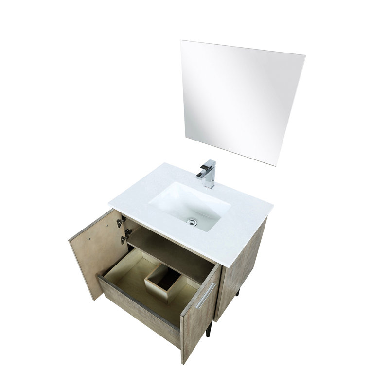 Meuble-lavabo rustique de 76 cm (L) x 51 cm (P) avec comptoir en quartz blanc, robinet et miroir inclinable de 71 cm.