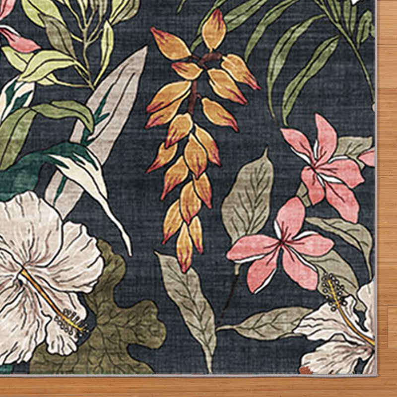 Tapis d'intérieur floral noir audacieux lavable à la machine Rayna Thea, Rectangle 7 pi 10 po x 10 pi
