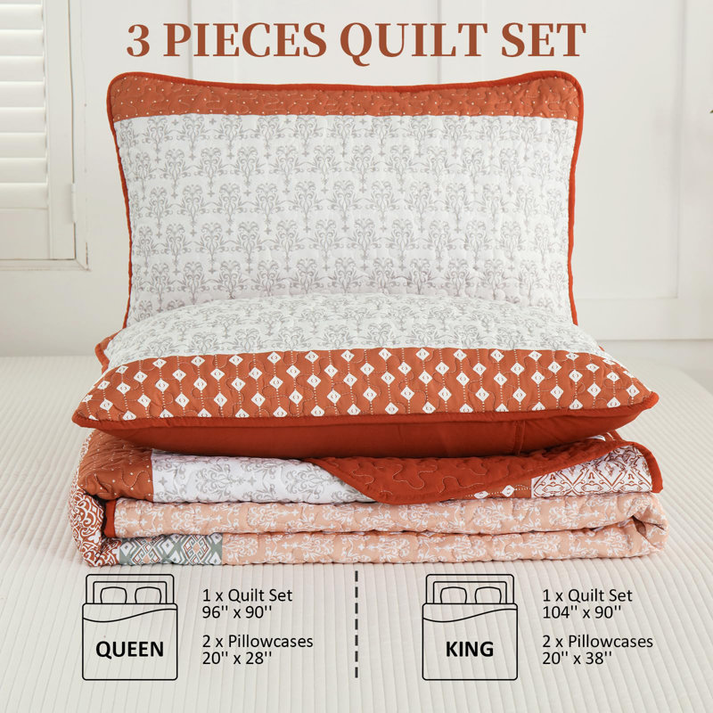 3-Piece Bohemian Stripe Quilt Set Lightweight Microfiber All Season, Burnt Orange, Queen Quilt + 2 Queen Pillowcases