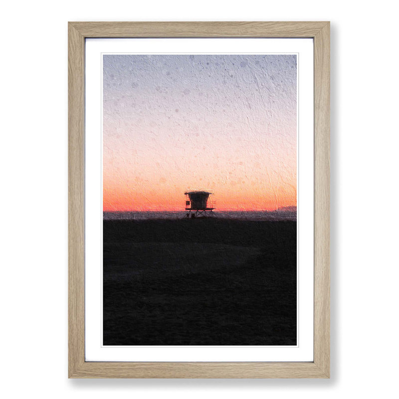 Lifeguard Station on Huntington Beach - Picture Frame Painting Print, Oak Framed, 65cm H x 48cm W x 2cm D