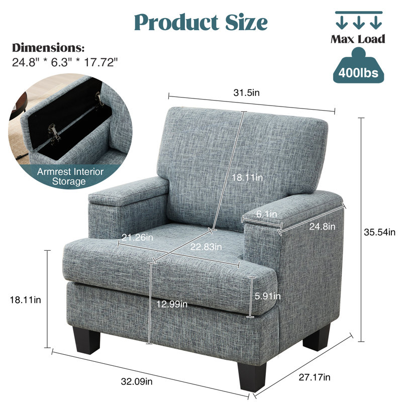 Fauteuil rembourré avec rangement intérieur pour accoudoirs, Bleu clair