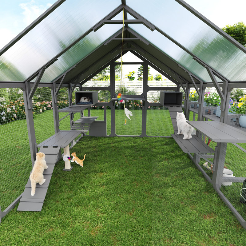 Grande maison pour chat avec couvercle imperméable en bois et extérieur, Gris