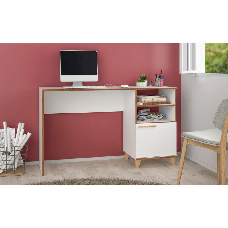 Minetta 53" Mid-Century Modern Writing Desk with 3 Shelves in White