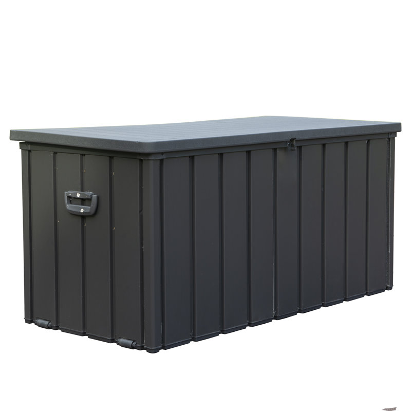 Moda Furnishings 49.41'' W Water Resistant Steel Lockable Deck Box with Wheels in Black, 27.56" H x 49.41" W x 24.69" D